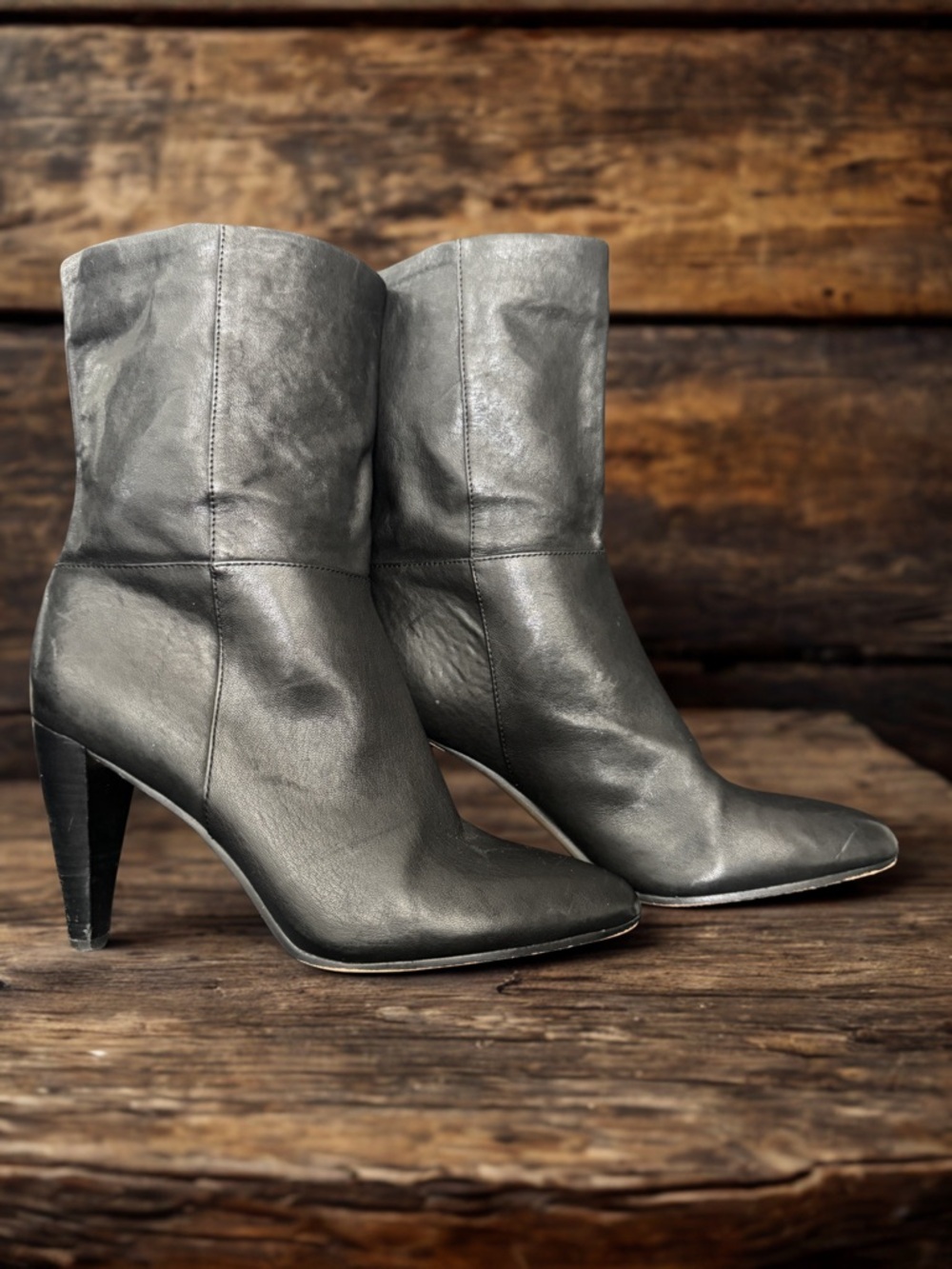 Vince Camuto Gray Leather Mid-Calf Heel Boots